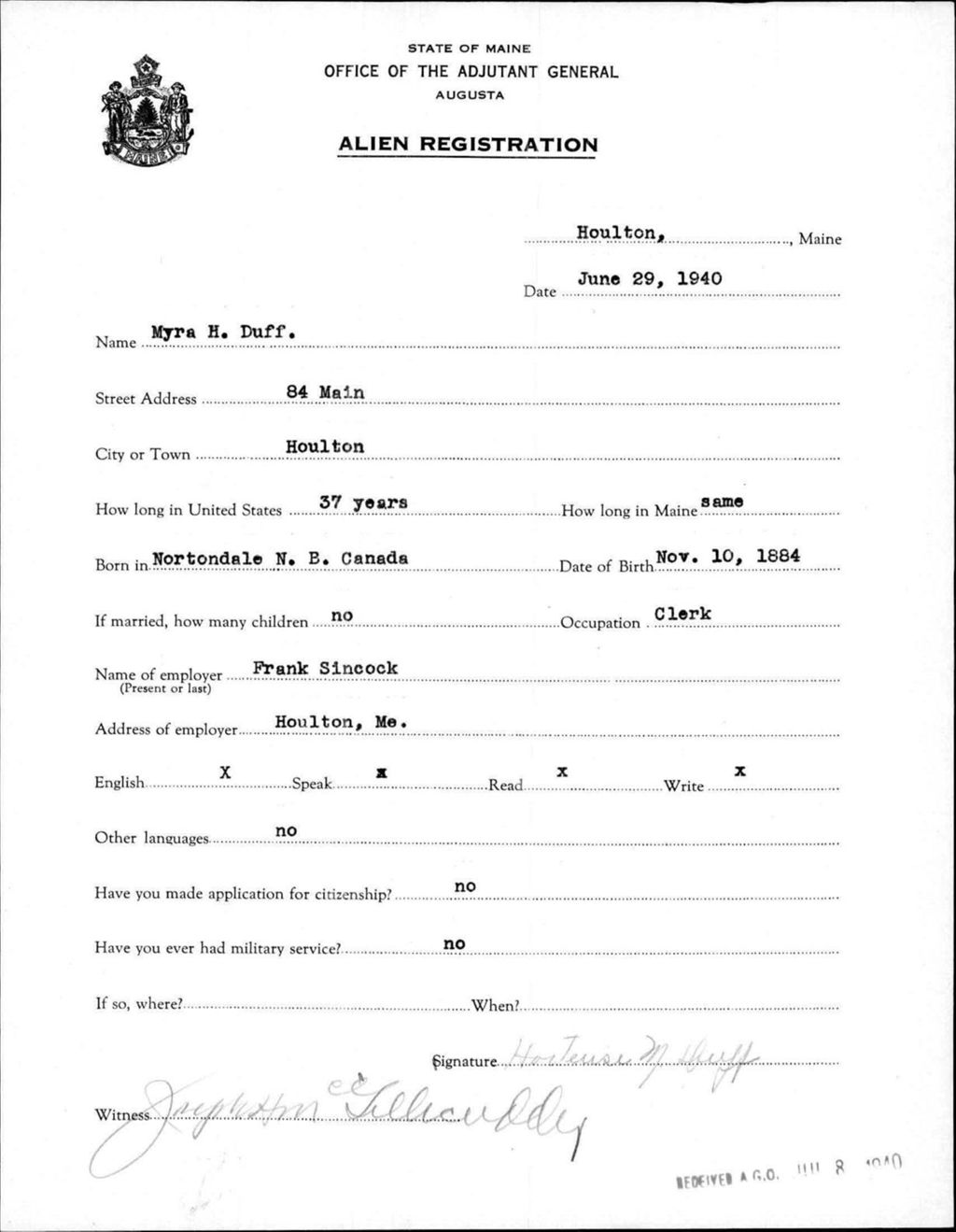 Miniature of Alien Registration- Duff, Myra H. (Houlton, Aroostook County)