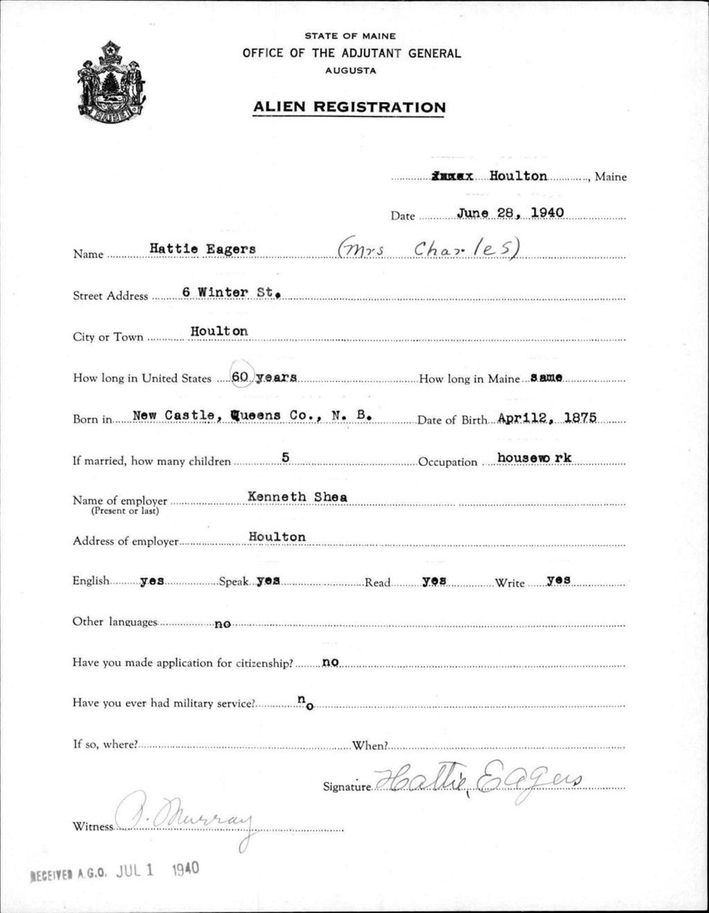 Miniature of Alien Registration- Eagers, Hattie (Houlton, Aroostook County)