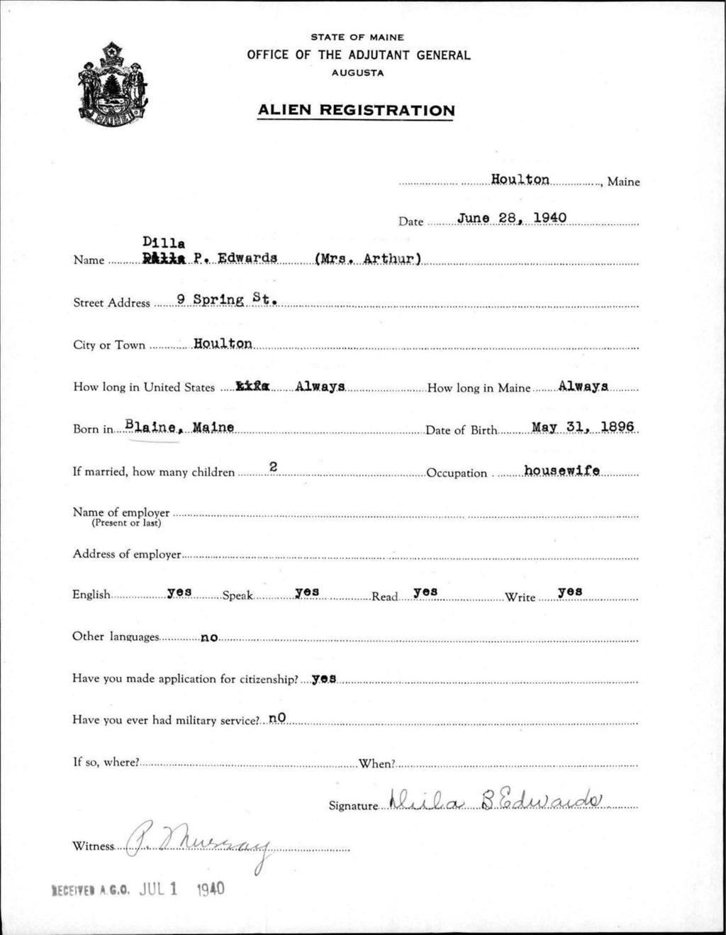 Miniature of Alien Registration- Edwards, Dilla P. (Houlton, Aroostook County)