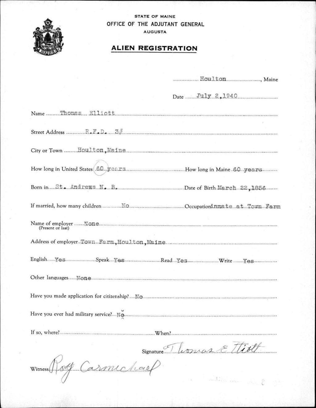 Miniature of Alien Registration- Elliott, Thomas (Houlton, Aroostook County)