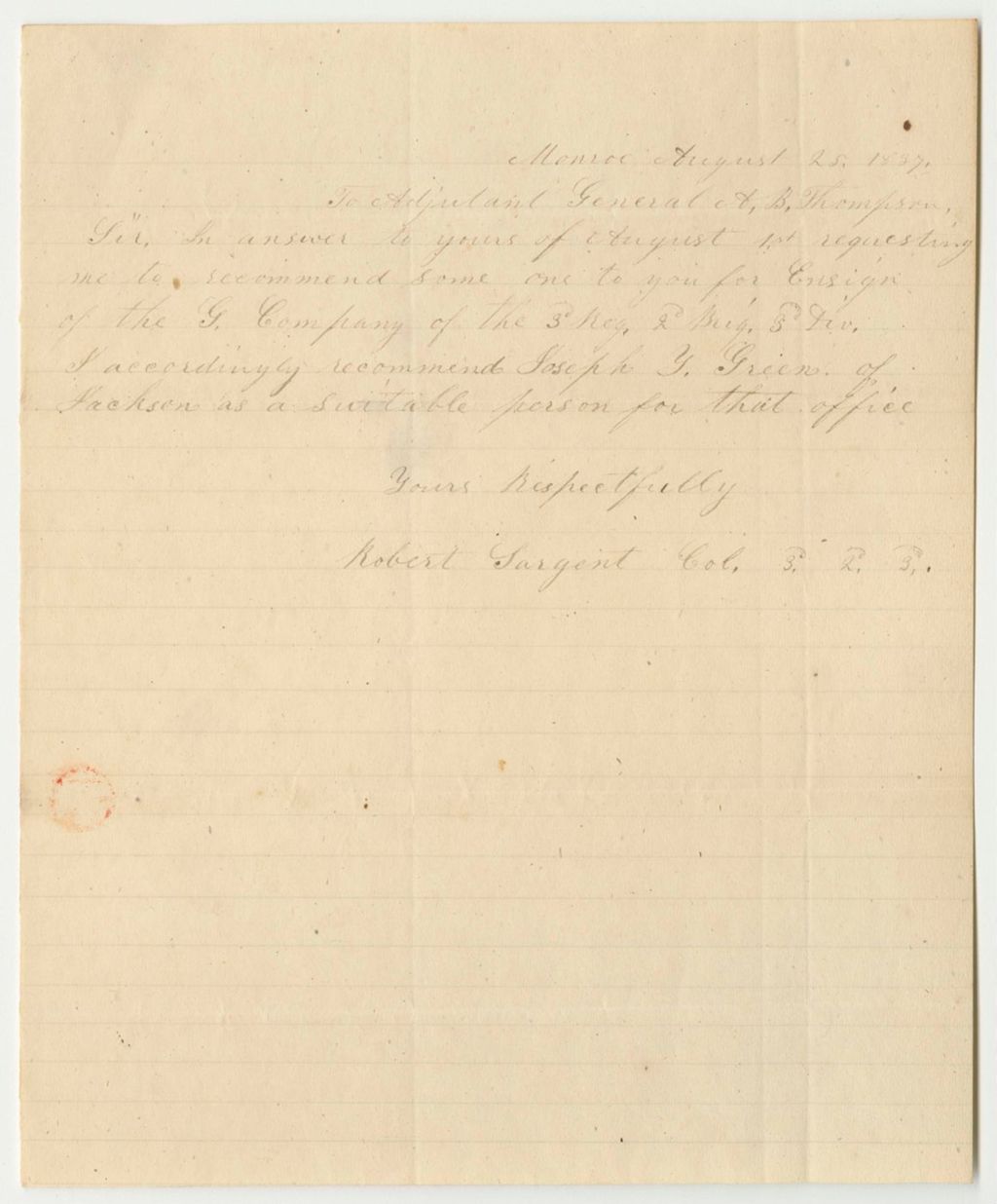 Miniature of Communication from Colonel Robert Sargent, Recommending the Appointment of Joseph Y. Green to the Office of Ensign