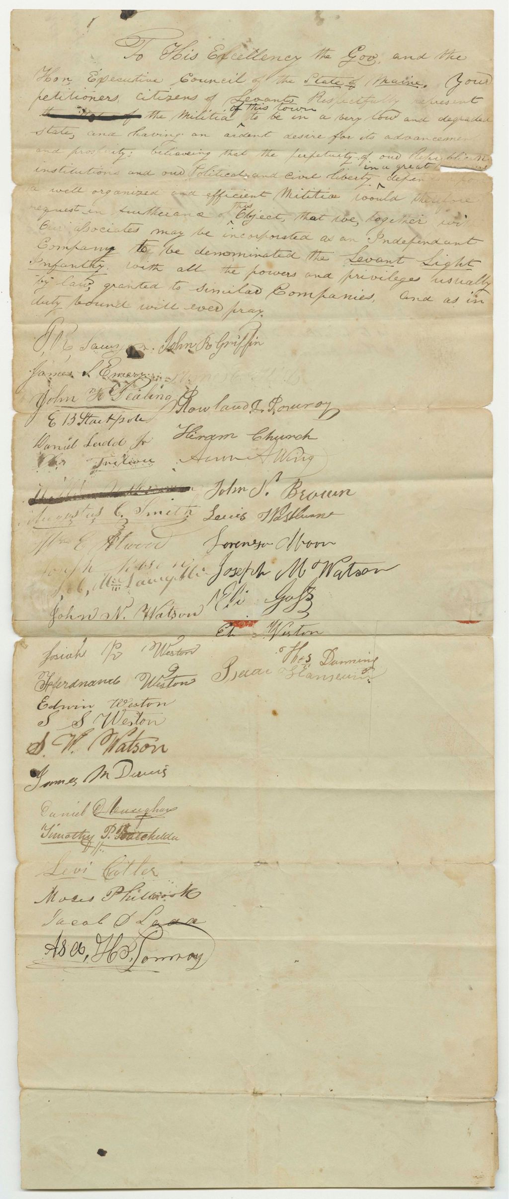 Miniature of Petition of John R. Griffin and Others for the Organization of a Company of Light Infantry in Levant