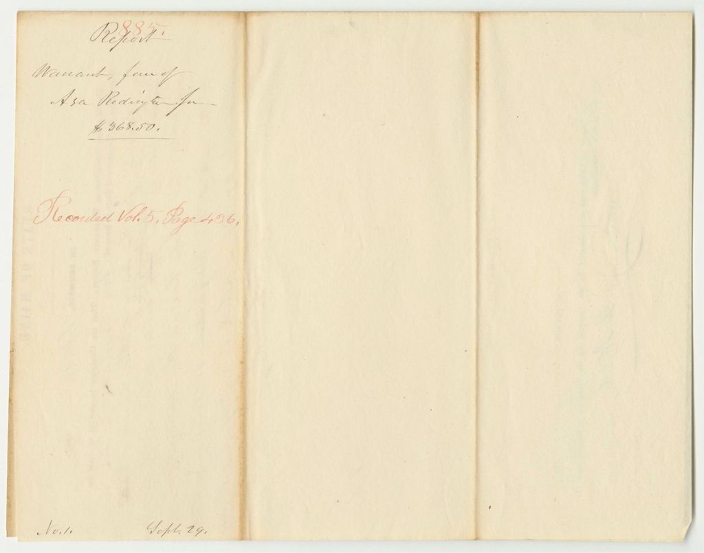 Miniature of Report 885: Warrant in Favor of Asa Redington Jr., State Treasurer