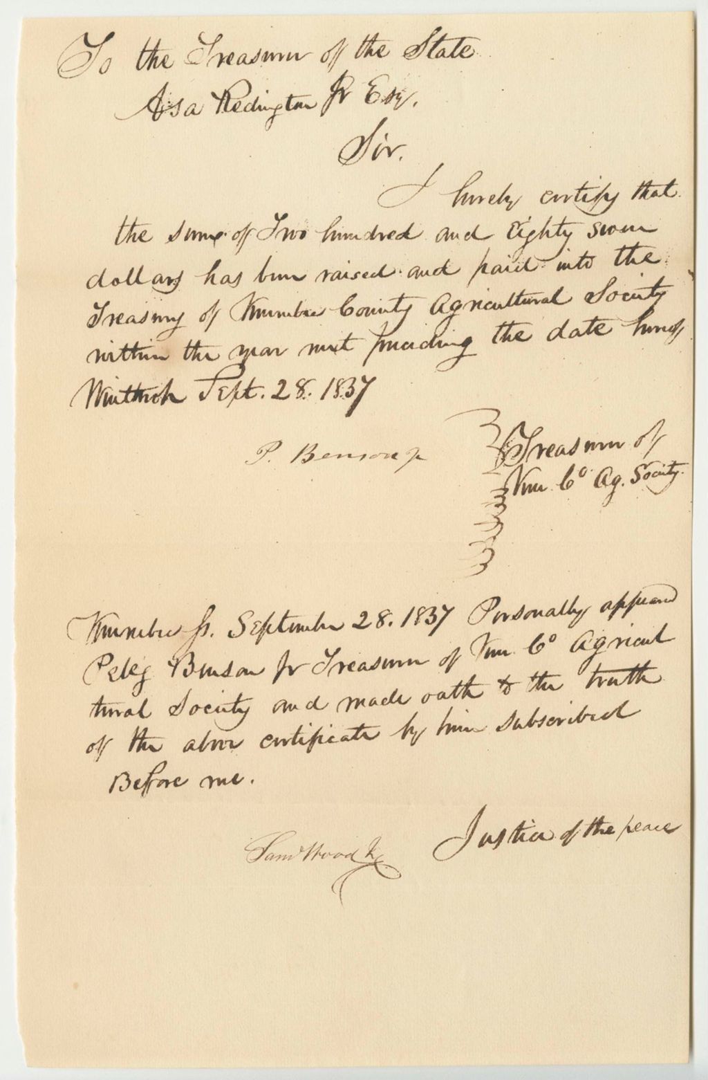 Miniature of Certificate of Peleg Bension Jr., Treasurer of the Kennebec Agricultural Society, of the Funds Deposited in the Treasury of Said Society
