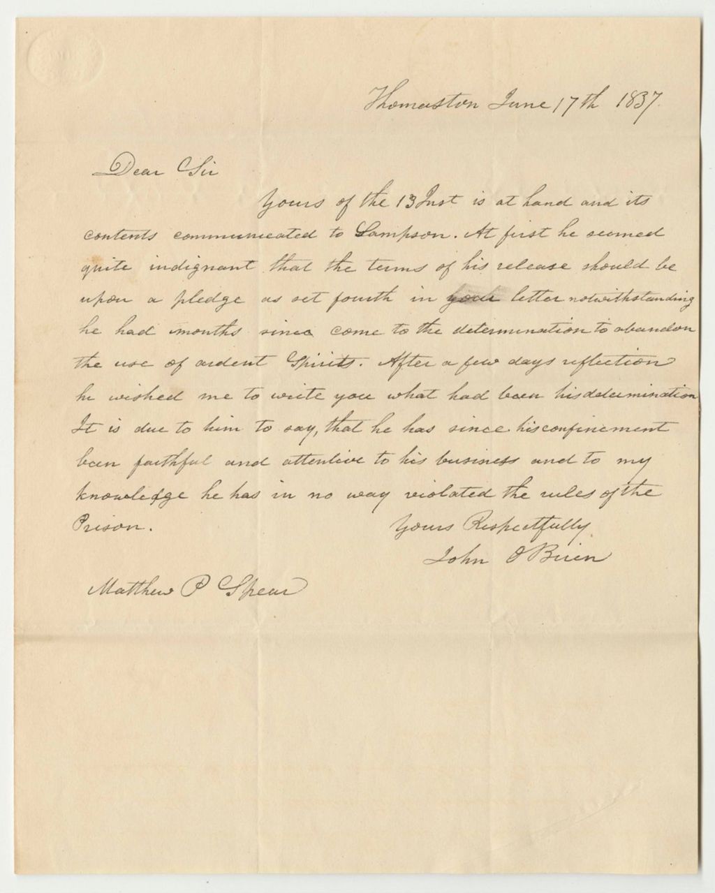 Miniature of Certificate of John O'Brien, Warden, on the Conduct of Rufus Sampson in Prison