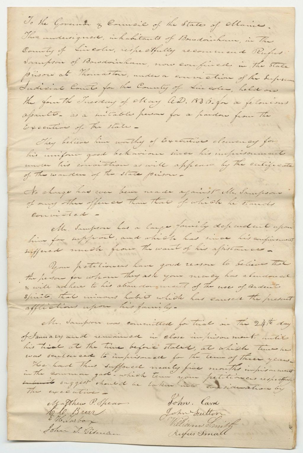 Miniature of Petition of the Inhabitants of Bowdoinham for the Pardon of Rufus Sampson