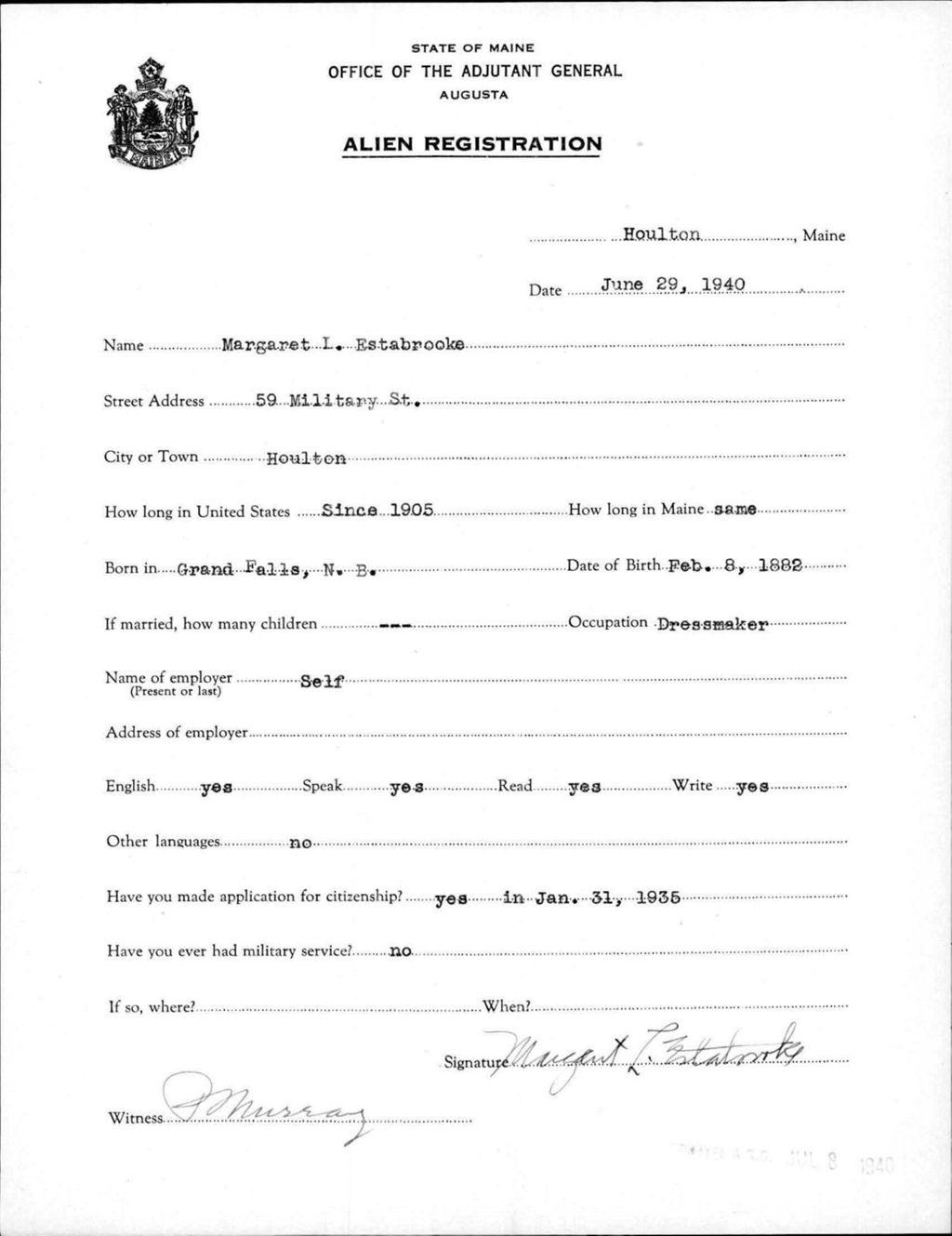 Miniature of Alien Registration- Estabrooke, Margaret L. (Houlton, Aroostook County)