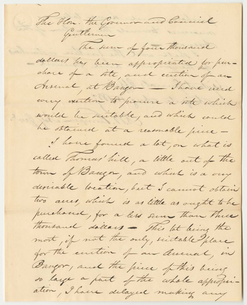 Miniature of Communication from A.B. Thompson, in Relation to Purchasing a Site for the State Arsenal at Bangor