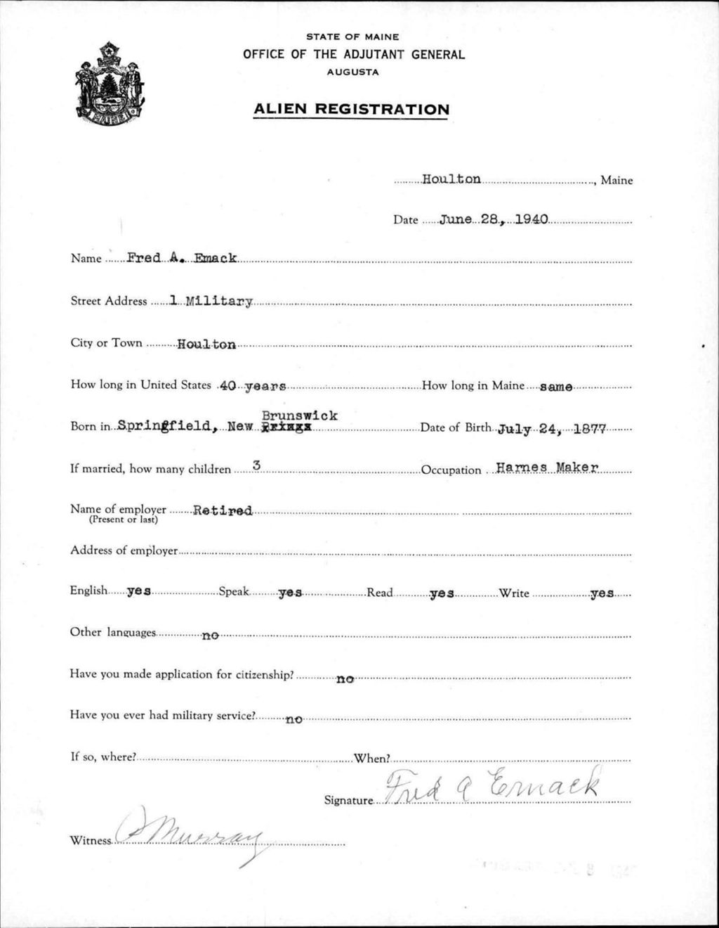 Miniature of Alien Registration- Emack, Fred A. (Houlton, Aroostook County)