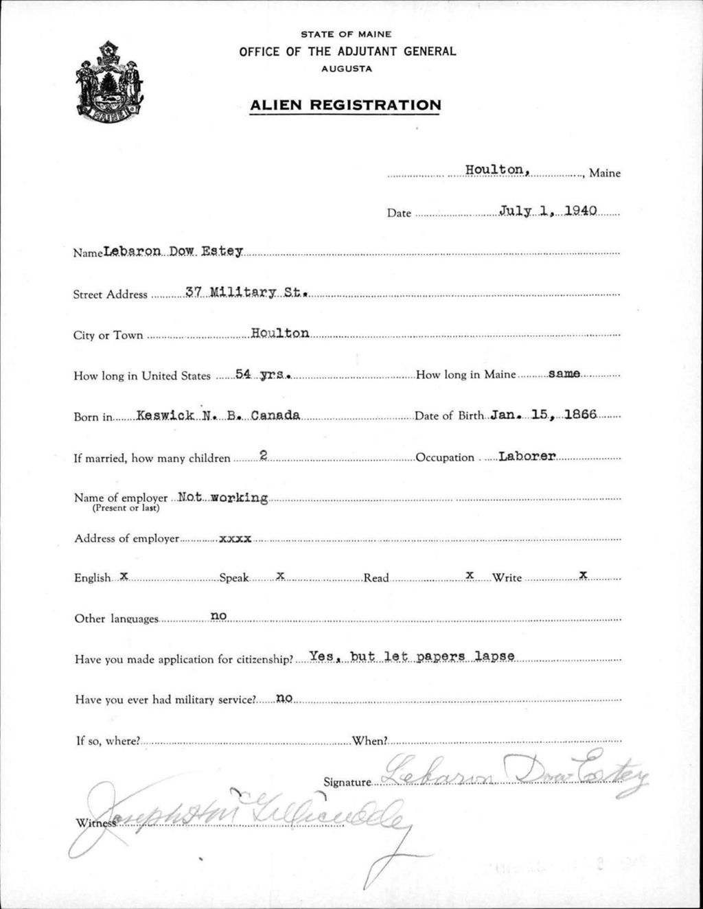 Miniature of Alien Registration- Estey, Lebaron D. (Houlton, Aroostook County)