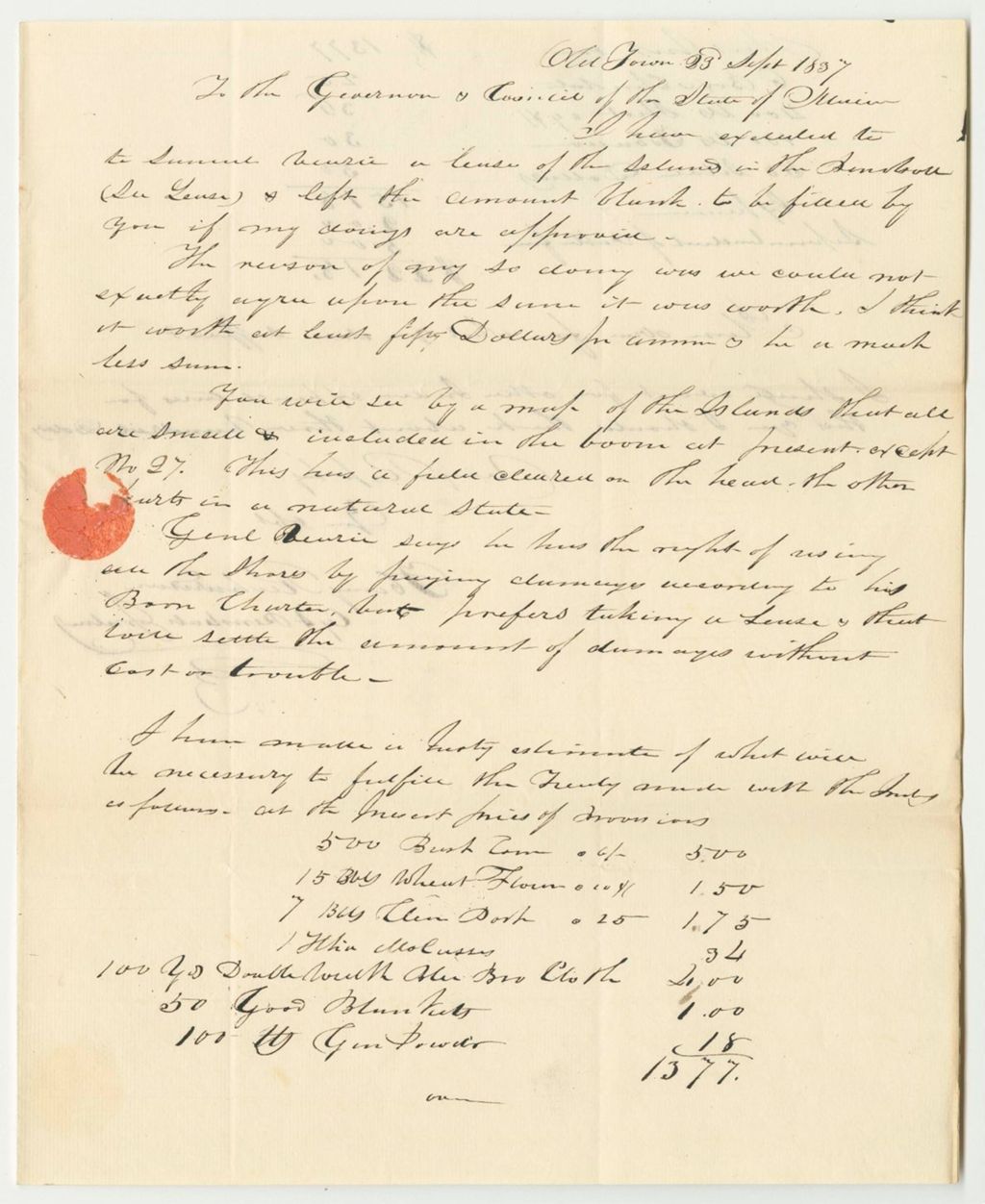 Miniature of Communication from William Richardson, Listing Expenses as Penobscot Indian Agent