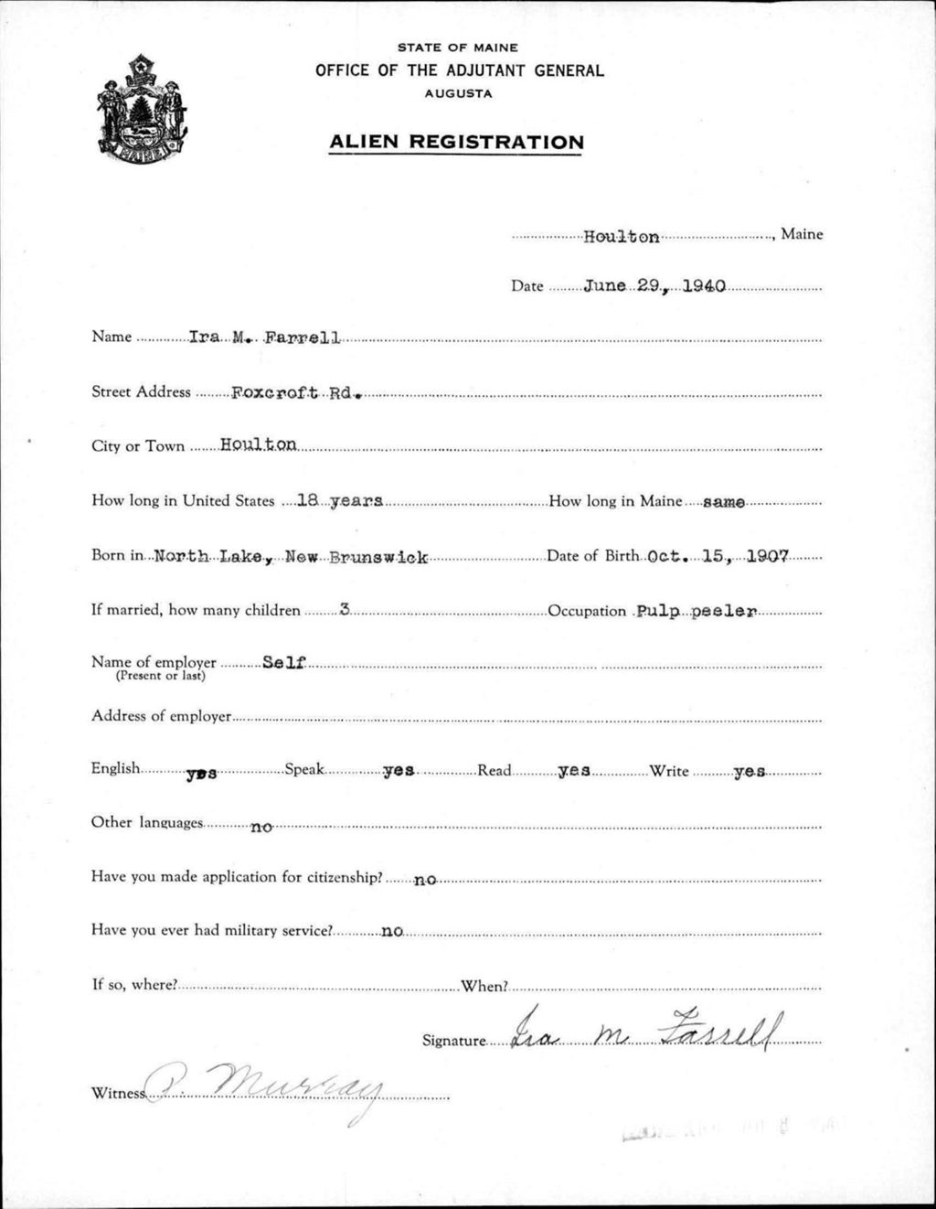 Miniature of Alien Registration- Farrell, Ira M. (Houlton, Aroostook County)