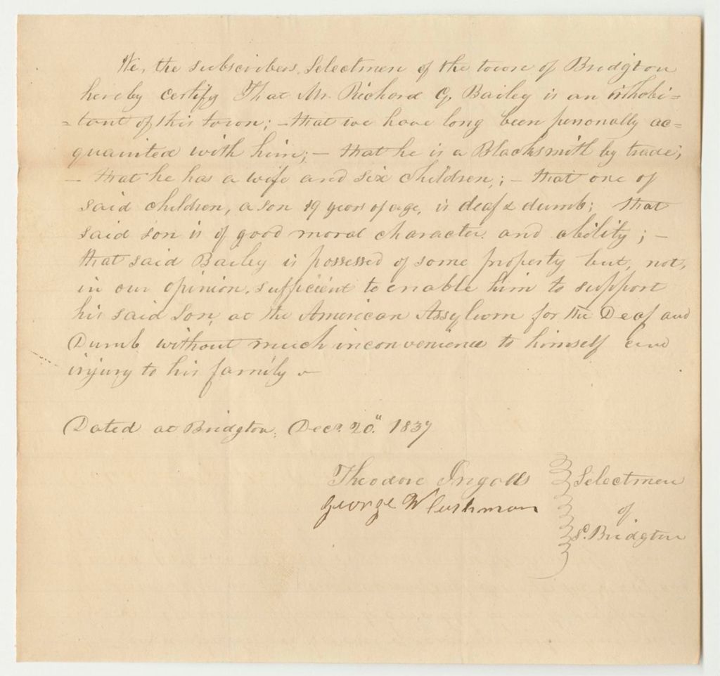 Miniature of Certificate of the Selectment of Bridgton for the Application of Osgood Bailey to be Sent to the American Asylum