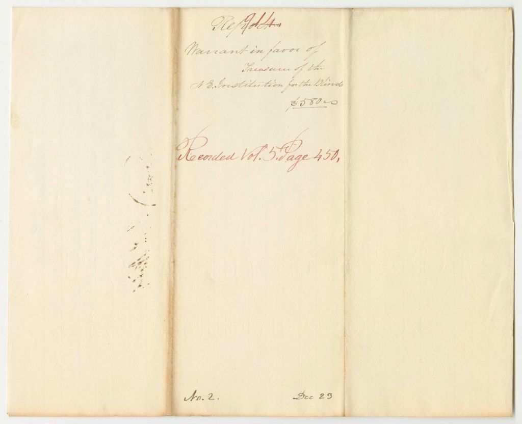 Miniature of Report 914: Warrant in Favor of The New Englad Institution for the Blind