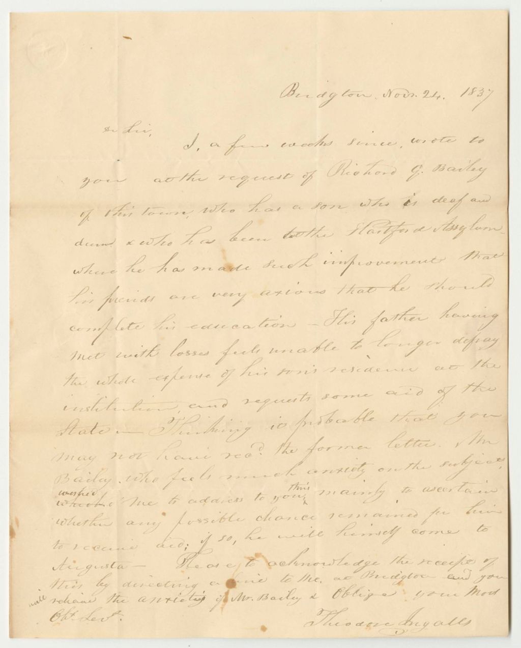 Miniature of Petition of Theodor Ingalls for Osgood Bailey to be Sent to the American Asylum
