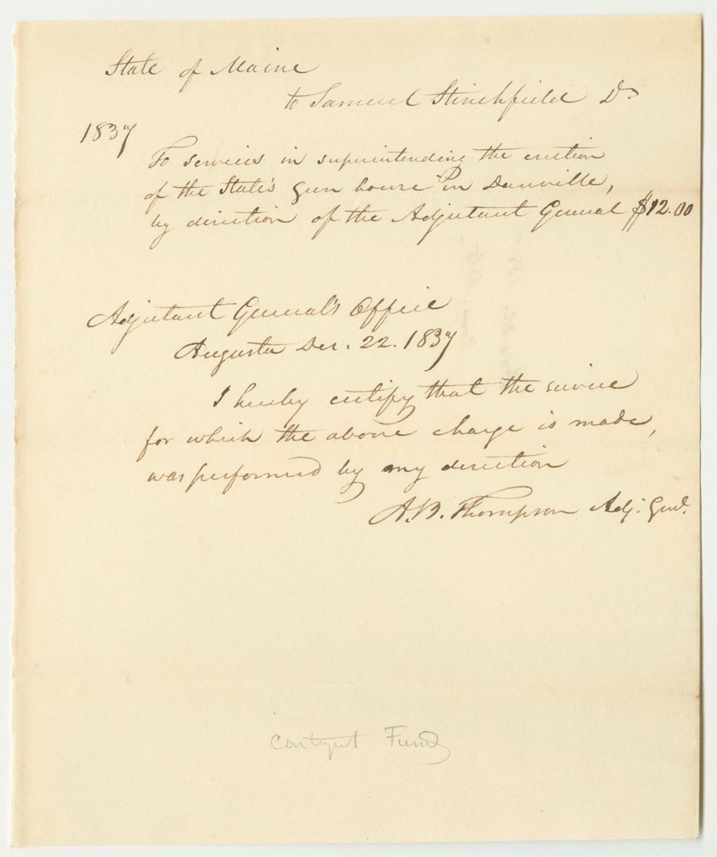 Miniature of Account of Samuel Stinchfield for Supervising the Construction of the State's Gunhouse in Danville