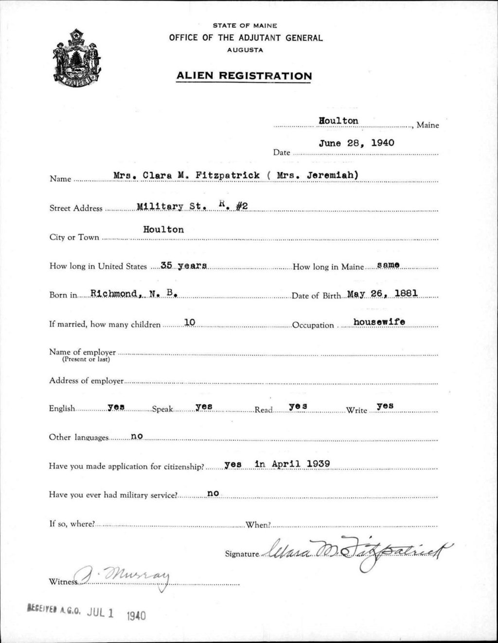 Miniature of Alien Registration- Fitzpatrick, Clara M. (Houlton, Aroostook County)
