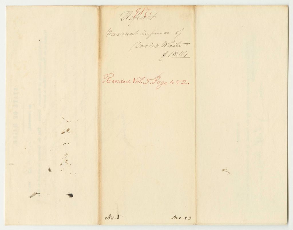 Miniature of Report 917: Warrant in Favor of David White, Agent for Repairing the Canada Road