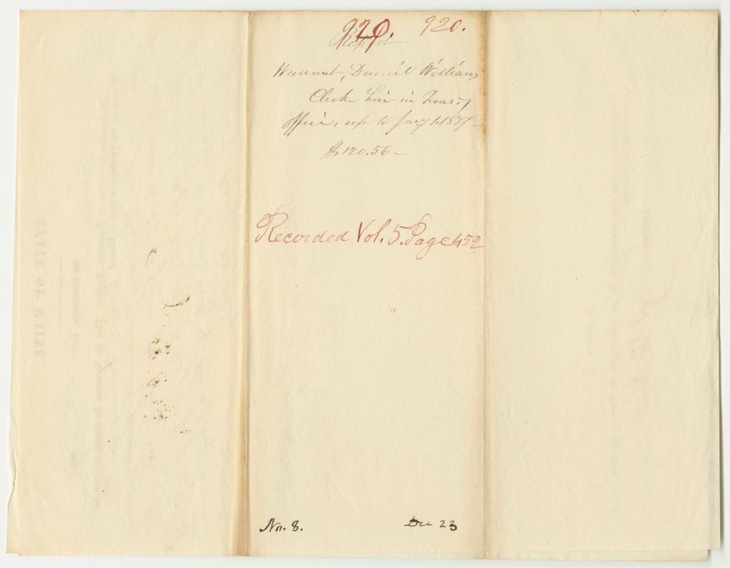 Miniature of Report 920: Warrant in Favor of Daniel Williams for Clerk Hire in the Treasury Office