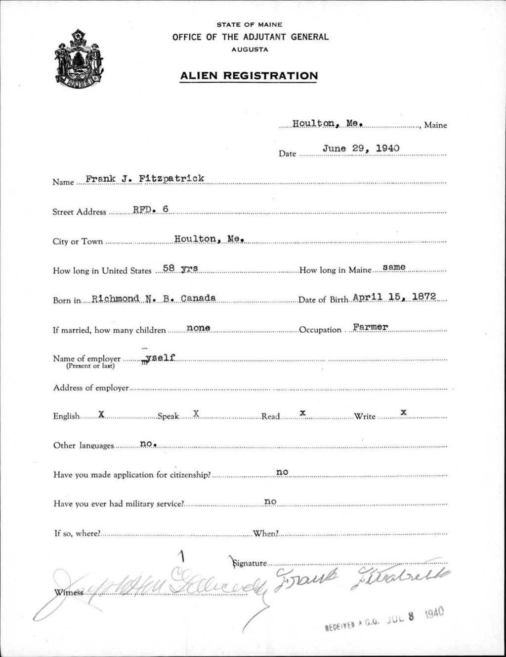 Miniature of Alien Registration- Fitzpatrick, Frank J. (Houlton, Aroostook County)