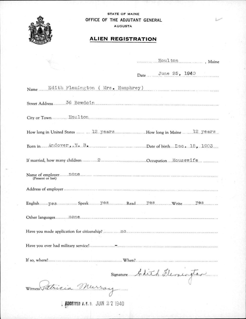 Miniature of Alien Registration- Flemington, Edith (Houlton, Aroostook County)