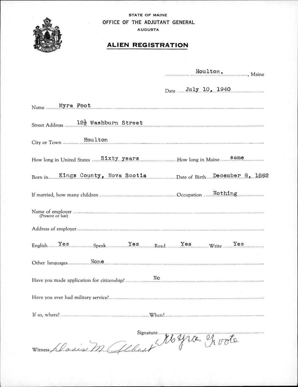 Miniature of Alien Registration- Foot, Myra (Houlton, Aroostook County)