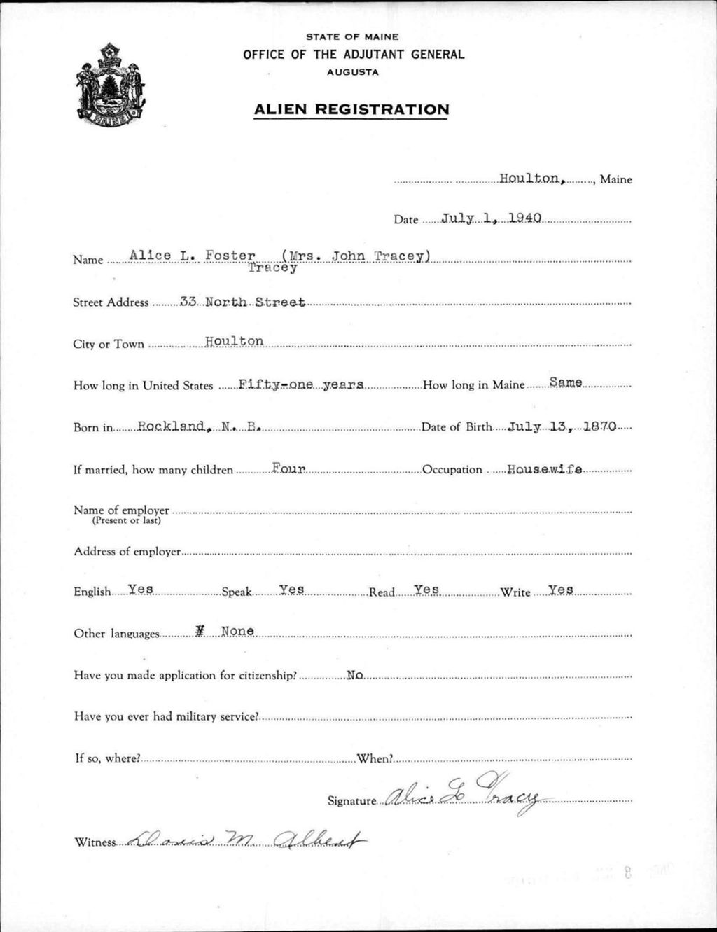 Miniature of Alien Registration- Foster, Alice L. (Houlton, Aroostook County)