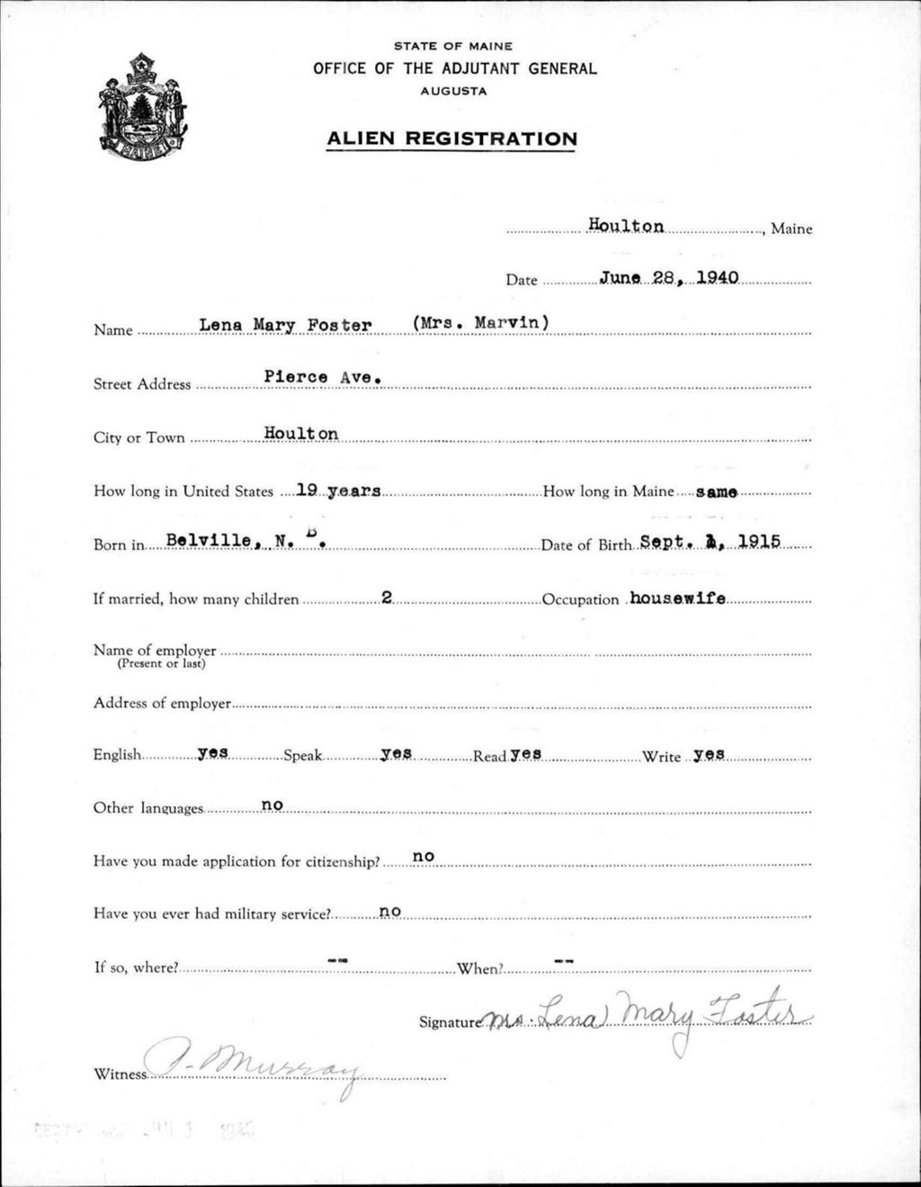 Miniature of Alien Registration- Foster, Lena M. (Houlton, Aroostook County)