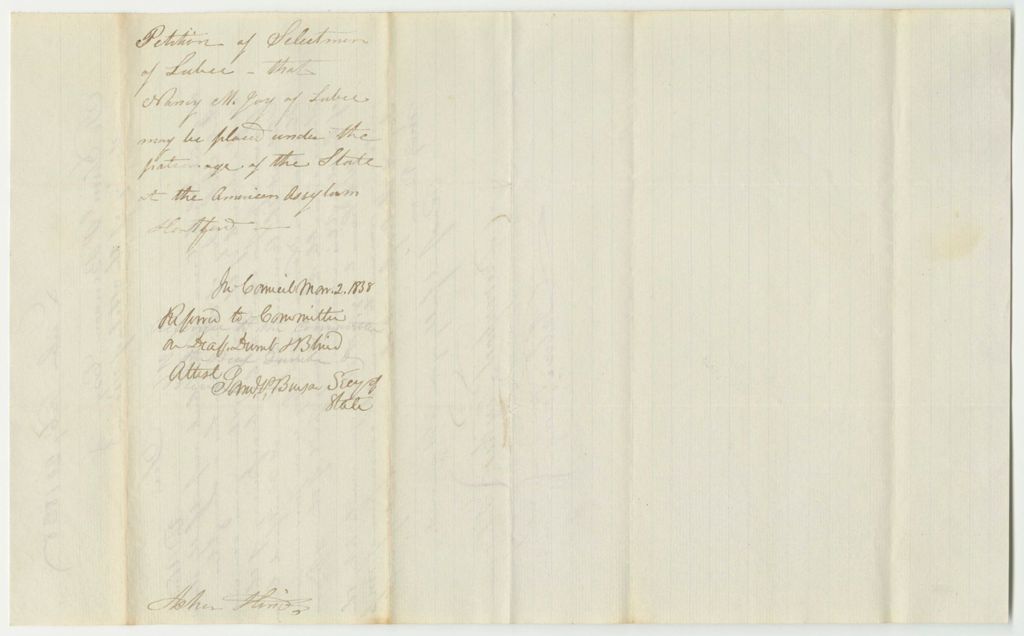 Miniature of Petition of the Selectmen of Lubec That Nancy M. Joy May Be Placed Under the Patronage of the State at the American Asylum in Hartford
