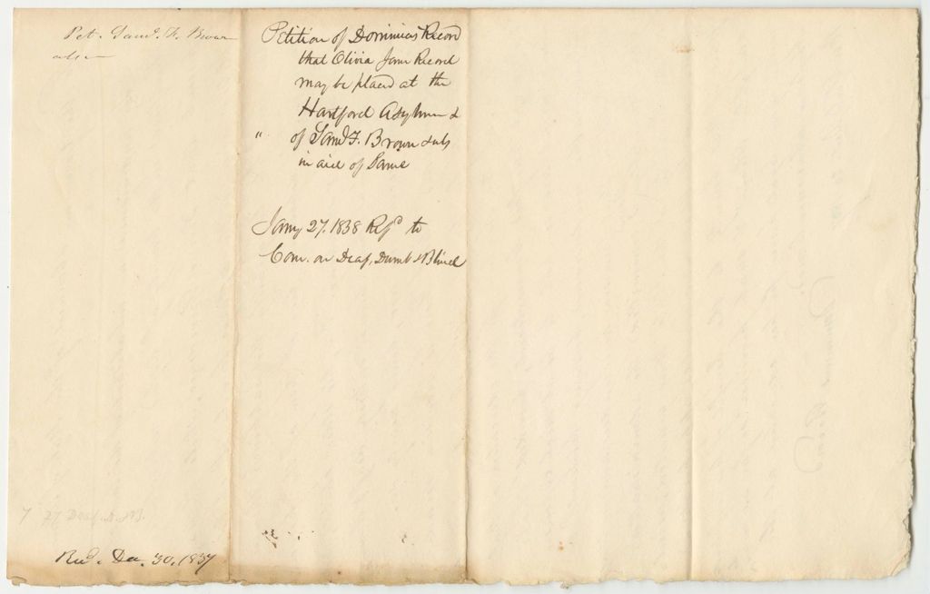 Miniature of Petitions of Dominicus Record and Samuel Brown That Olivia Jane Record May Be Placed at the Hartford Asylum