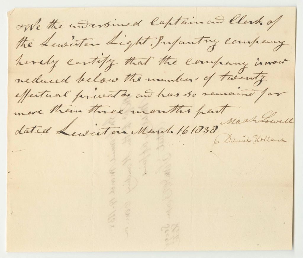 Miniature of Certificate of Mark Lowell and Daniel Holland, Captain and Clerk of the Lewiston Light Infantry Company, of the Number of Privates in Said Company