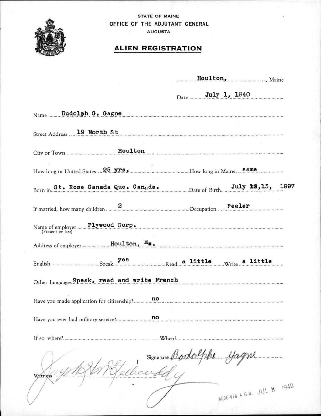 Miniature of Alien Registration- Gagne, Rudolph G. (Houlton, Aroostook County)
