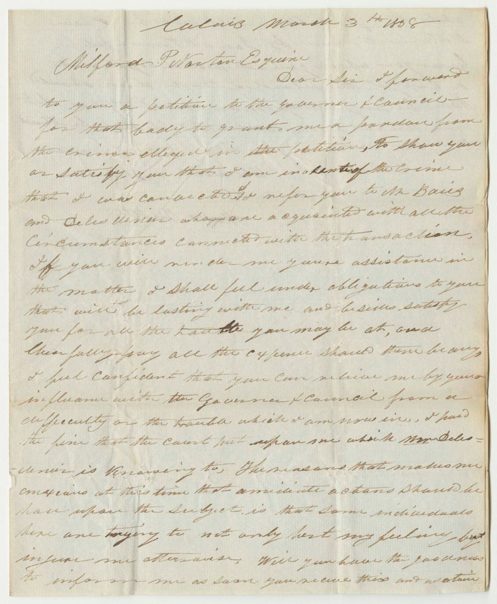 Miniature of Letter from Moses Tuttle, Relating to a Petition for His Pardon
