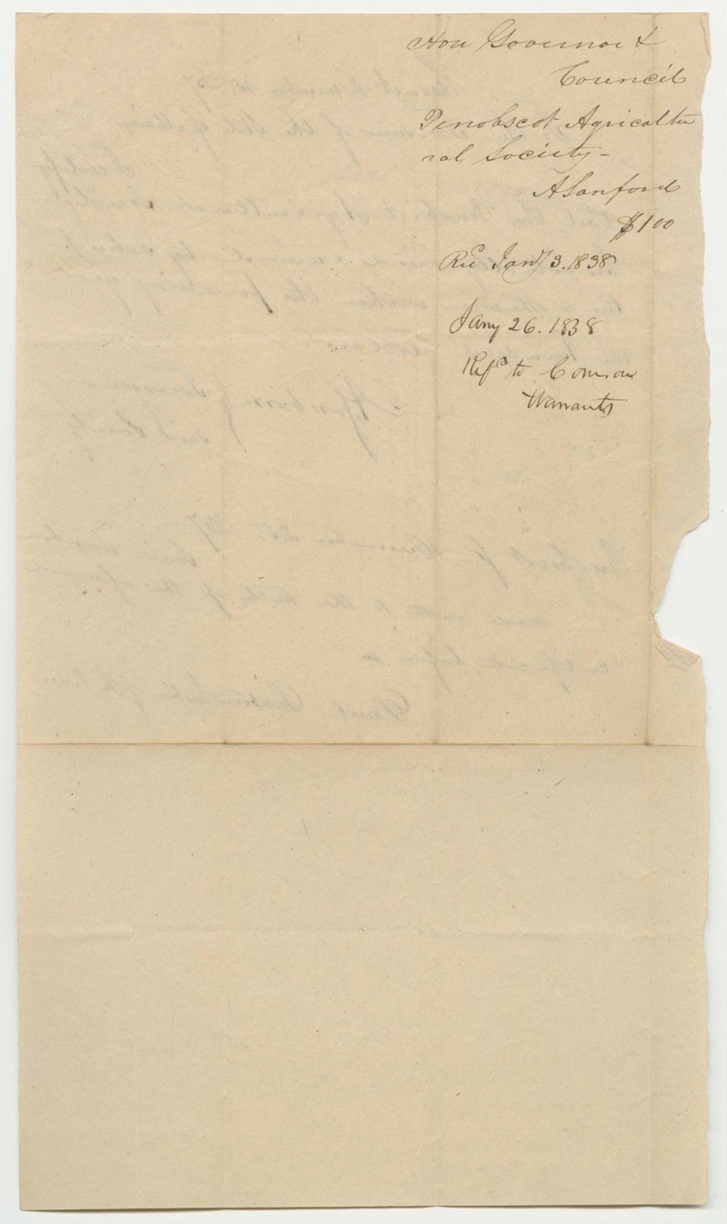Miniature of Certificate of A. Sanborn, Treasurer of the Penobscot Agricultural Society, of the Funds Deposited in the Treasury of Said Society
