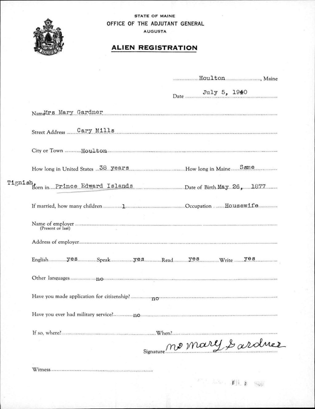 Miniature of Alien Registration- Gardner, Mary (Houlton, Aroostook County)