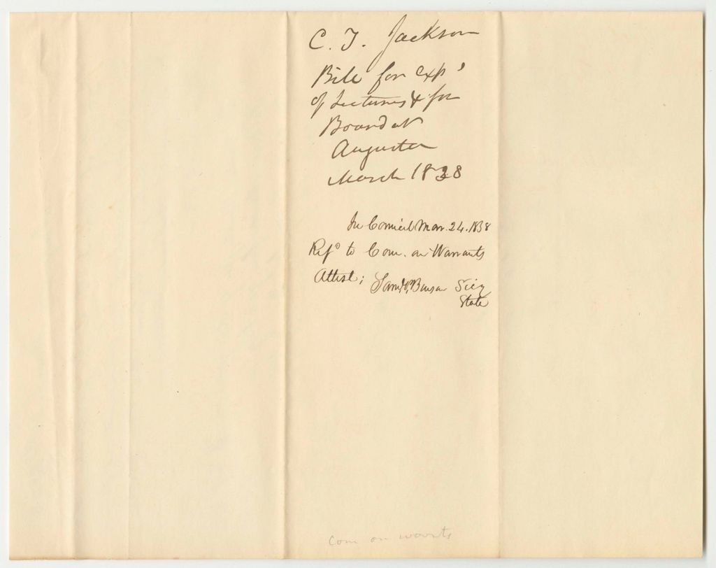 Miniature of C.T. Jackson's Bill for Expenses Incurred in Preparation for Lectures and for Board in Augusta