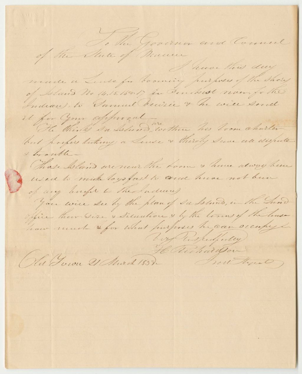 Miniature of Communication from Henry Richardson, Indian Agent, Relating to His Lease of Islands in the Penobscot River