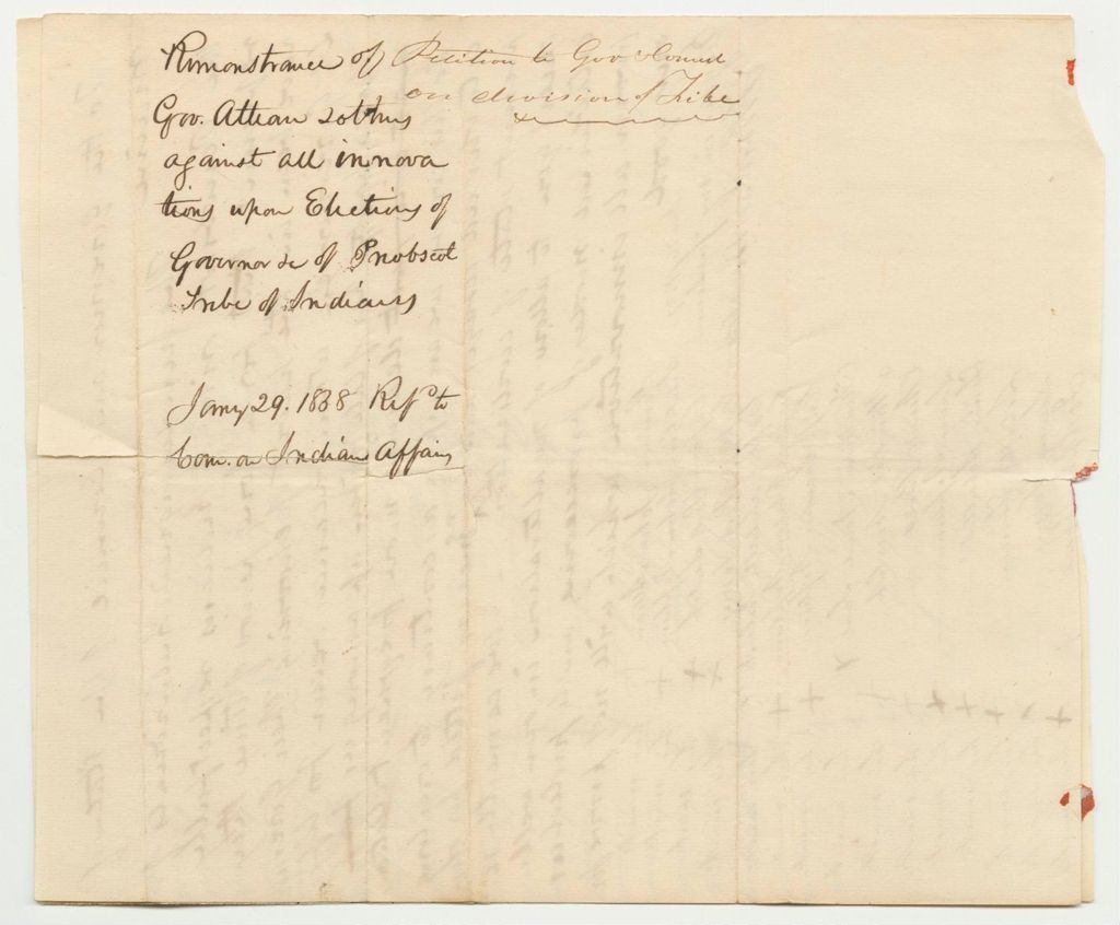 Miniature of Remonstrance of Gov. Attean and Others Against All Innovations Upon Elections of Governors and of the Penobscot Tribe of Indians