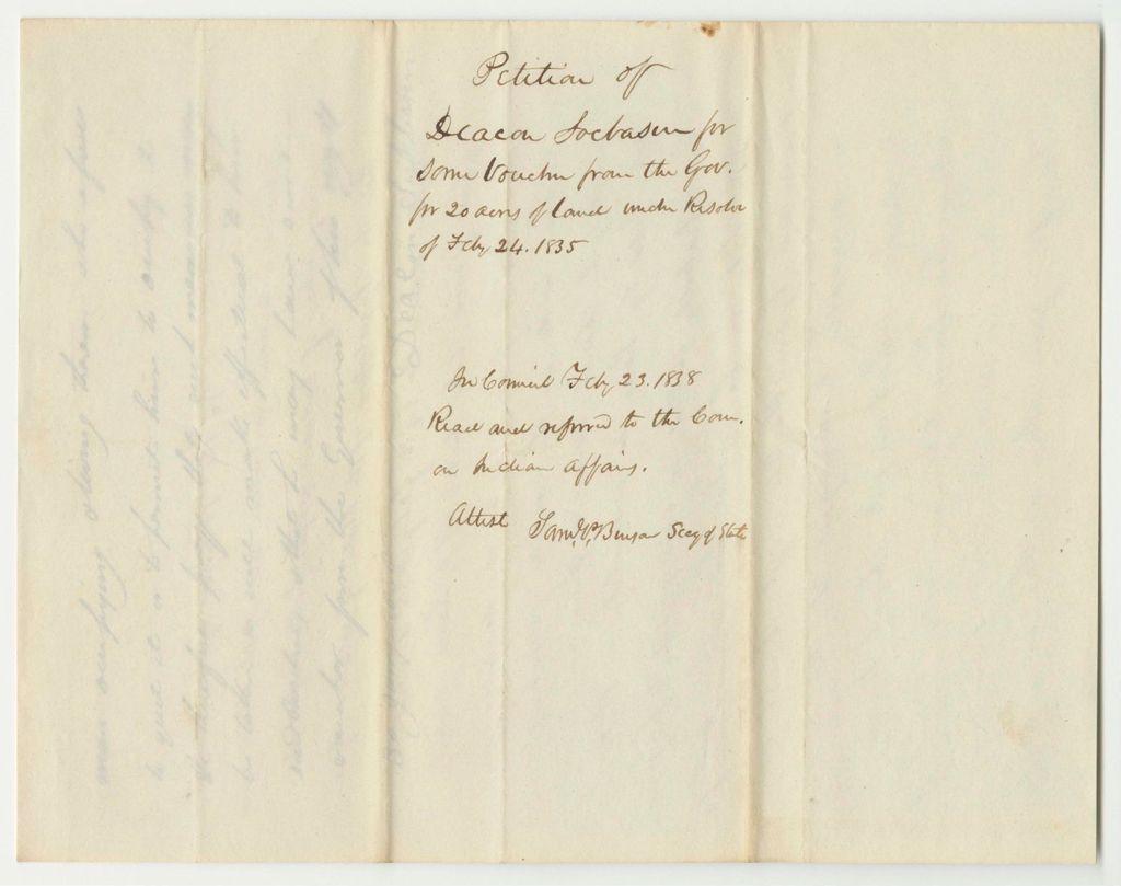 Miniature of Petition of Deacon Sockbason for Some Vouchers from the Governor for 20 Acres of Land Under Resolve of February 24th 1835