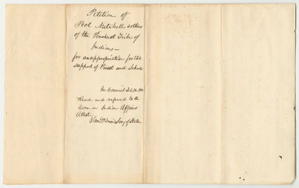 Miniature of Petition of Peol Mitchell and Others of the Penobscot Tribe of Indians for Appropriation for the Support of Pirest and Schools
