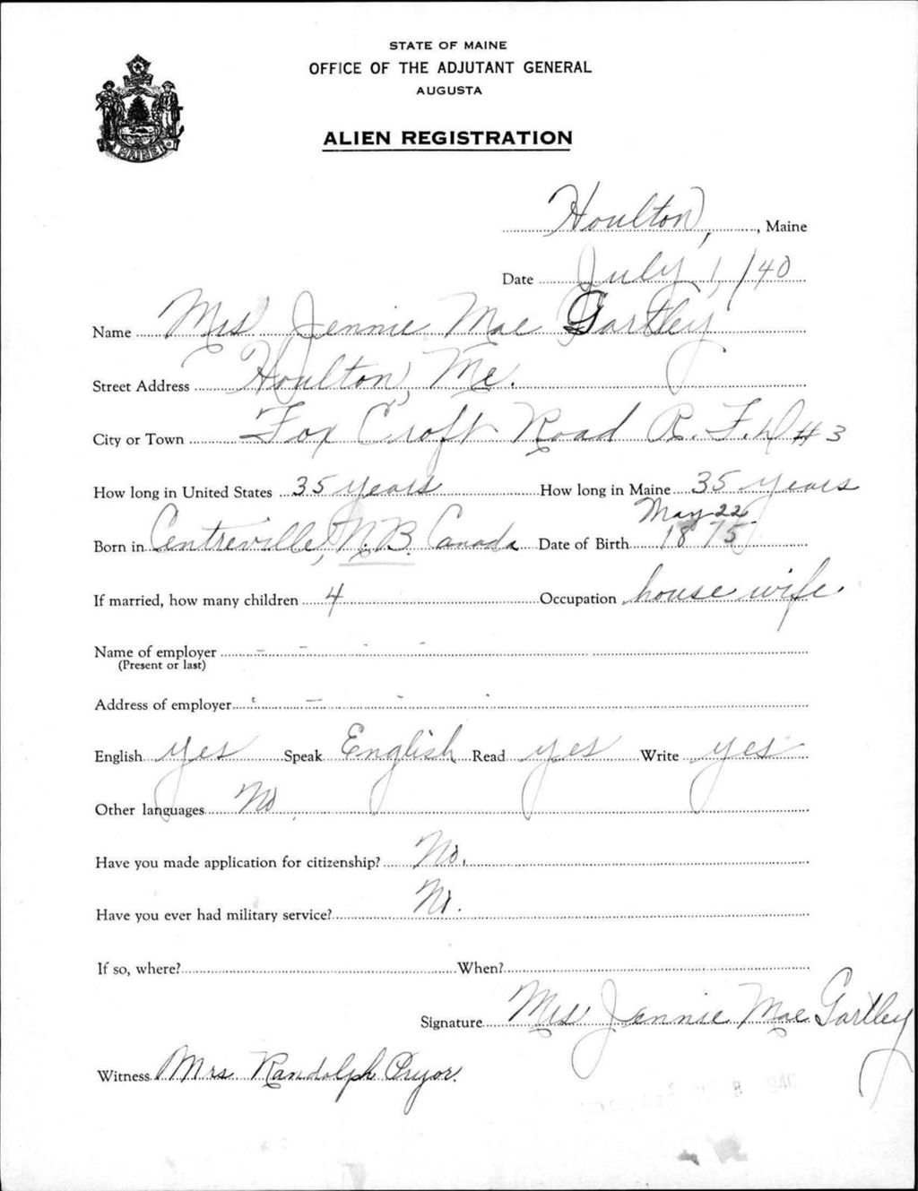 Miniature of Alien Registration- Gartley, Jennie M. (Houlton, Aroostook County)