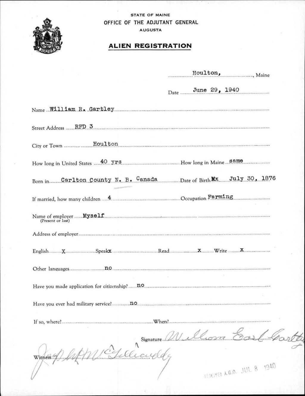 Miniature of Alien Registration- Gartley, William R. (Houlton, Aroostook County)