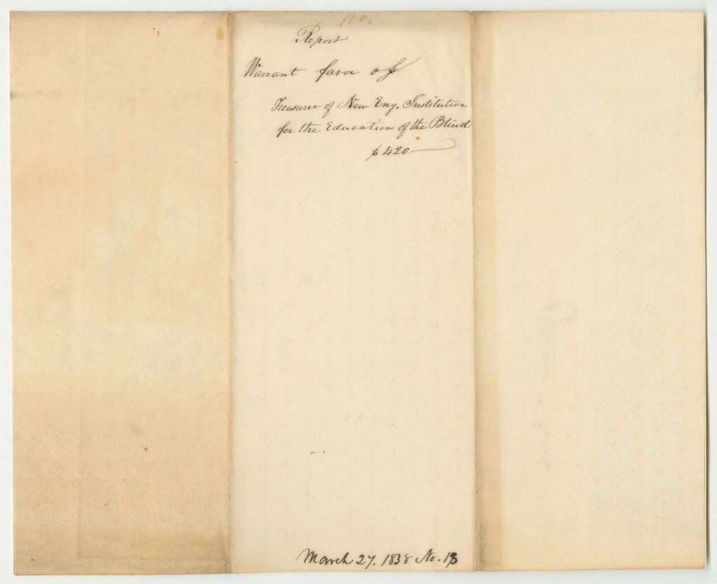 Miniature of Report 100: Warrant in Favor of The New England Institutue for The Education of the Blind