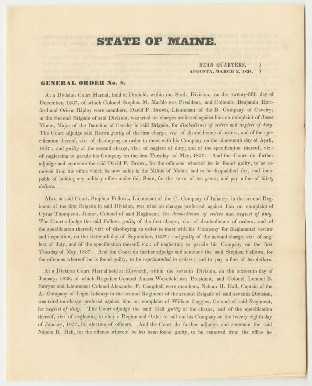 Miniature of Court Martial General Order No. 8