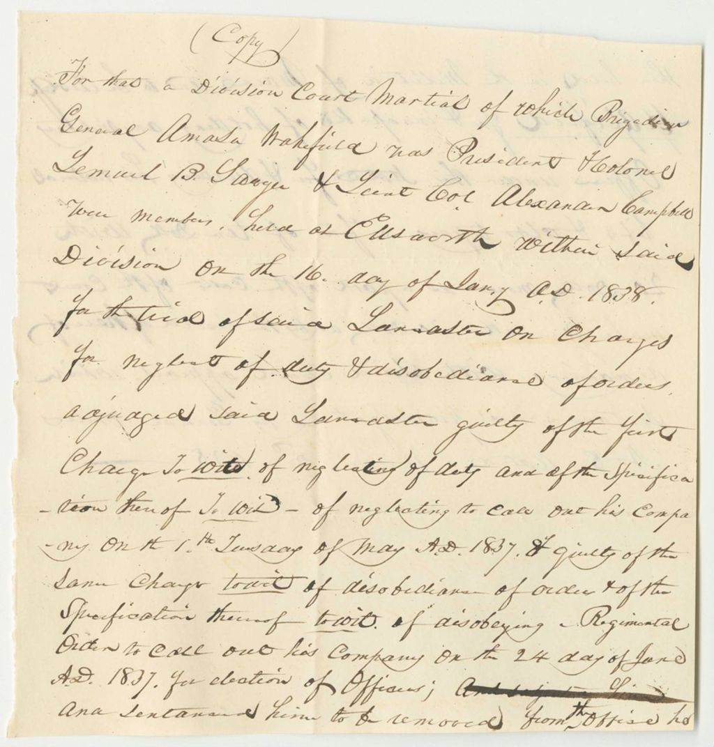 Miniature of Penalty Imposed by Military Court Martial Against Thomas G. Lancaster