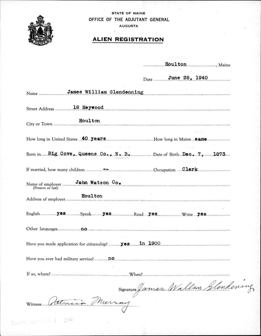 Miniature of Alien Registration- Glendenning, James W. (Houlton, Aroostook County)