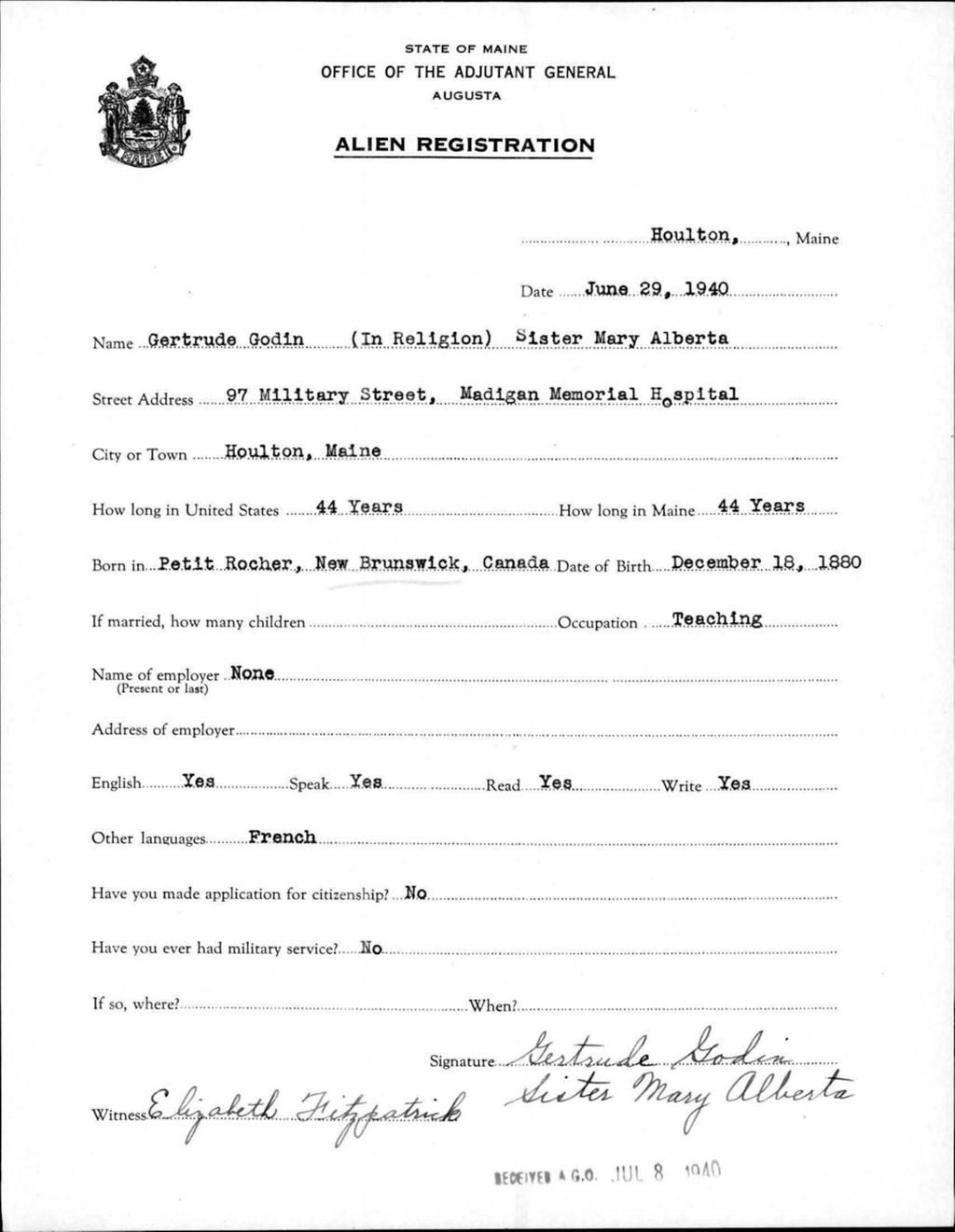 Miniature of Alien Registration- Godin, Gertrude (Houlton, Aroostook County)