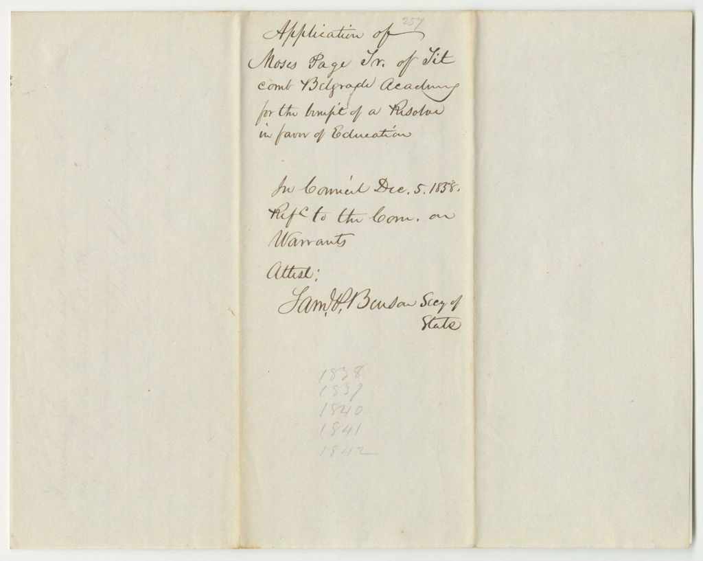 Miniature of Application of Moses Page Jr. of Litcomb Belgrade Academy for the Benefit of a Resolve in Favor of Education