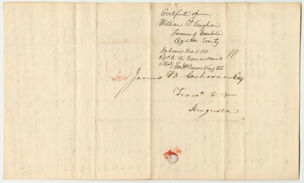 Miniature of Certificate of William T. Vaughan, Treasurer of the Cumberland Agricultural Society, of the Funds Deposited in the Treasury of Said Society