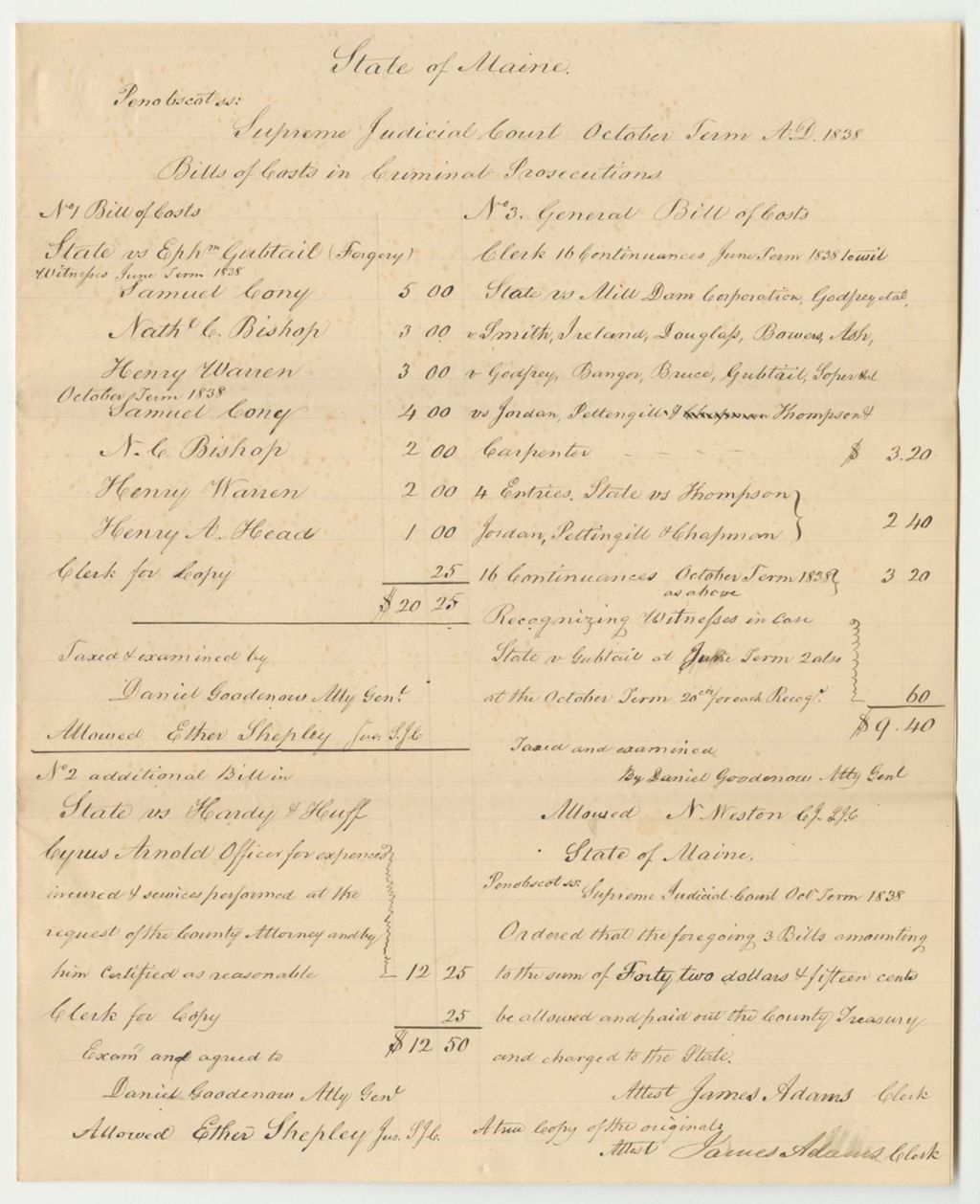 Miniature of Bills of Cost at the Supreme Judicial Court in Penobscot County, October Term 1838